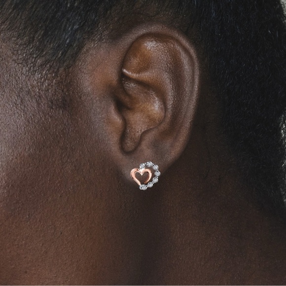 Preowned Kay Jewelers Diamond Small Heart Earrings Sterling Silver 10K Rose Gold - Picture 6 of 14